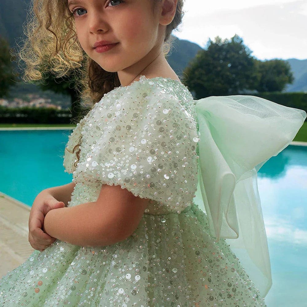 Sunnypetal Dreamy Sage Sequin Knee-Length Flower Girl Dresses with Bow