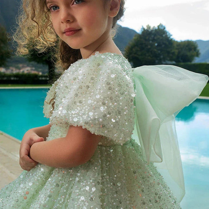 Sunnypetal Dreamy Sage Sequin Knee-Length Flower Girl Dresses with Bow