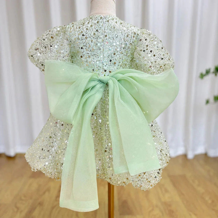 Sunnypetal Dreamy Sage Sequin Knee-Length Flower Girl Dresses with Bow