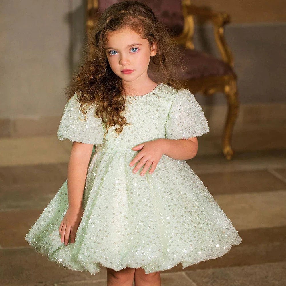 Sunnypetal Dreamy Sage Sequin Knee-Length Flower Girl Dresses with Bow