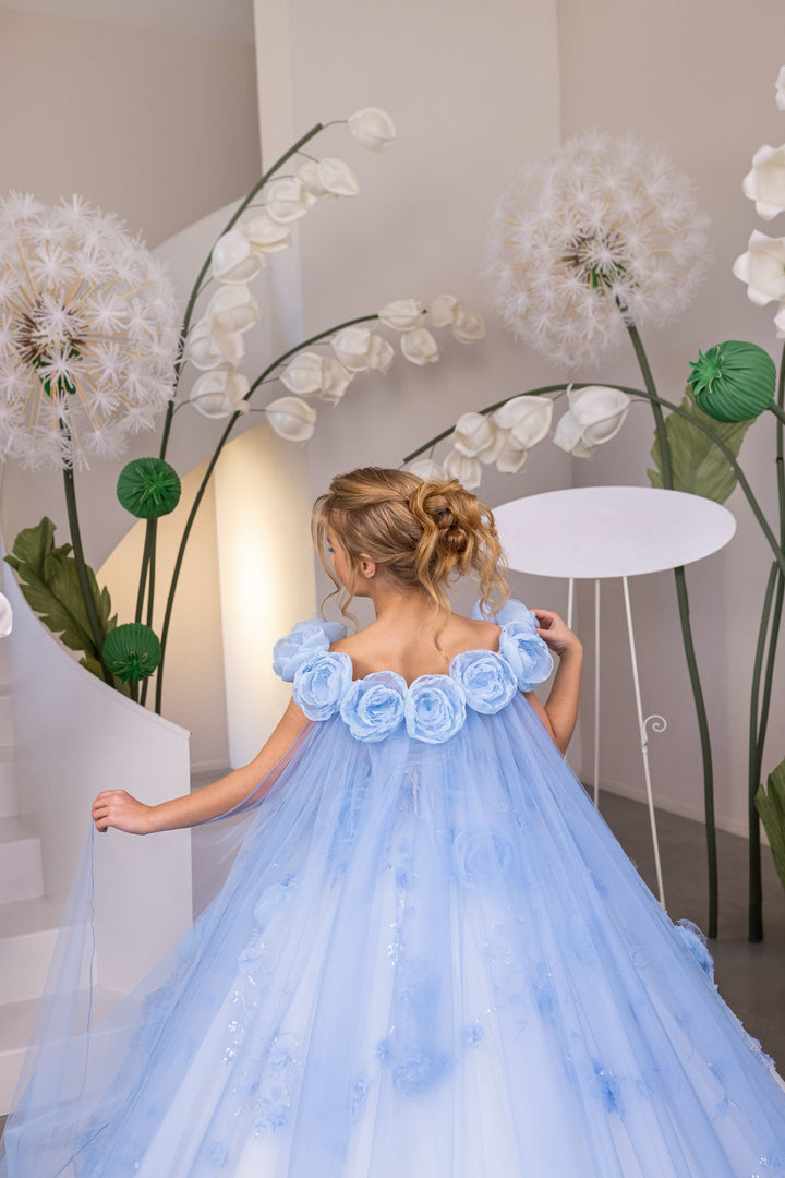 Sunnypetal Dreamy Sweetheart 3D Floral Tulle Princess Flower Girl Gown with Detachable Cape
