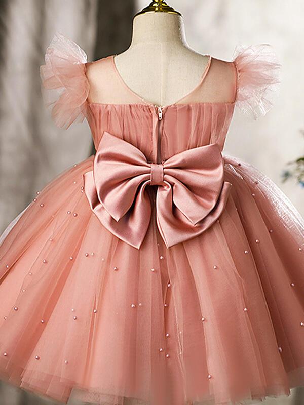 Sunnypetal Dusty Rose Pearls Tulle Knee-Length Flower Girl Dress