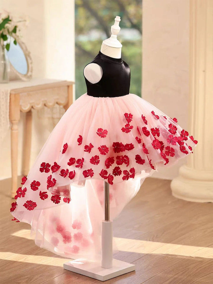 Sunnypetal Elegant Black & Blush Tulle Flower Girl Dress with 3D Floral Appliqués and Bow