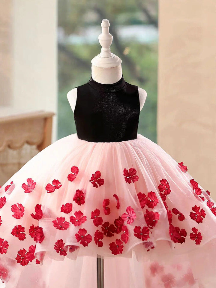 Sunnypetal Elegant Black & Blush Tulle Flower Girl Dress with 3D Floral Appliqués and Bow