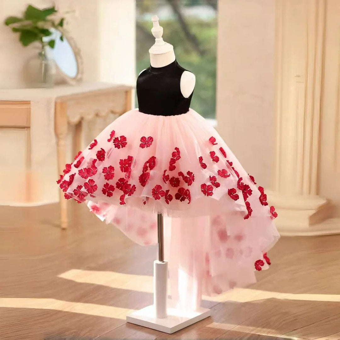 Sunnypetal Elegant Black & Blush Tulle Flower Girl Dress with 3D Floral Appliqués and Bow