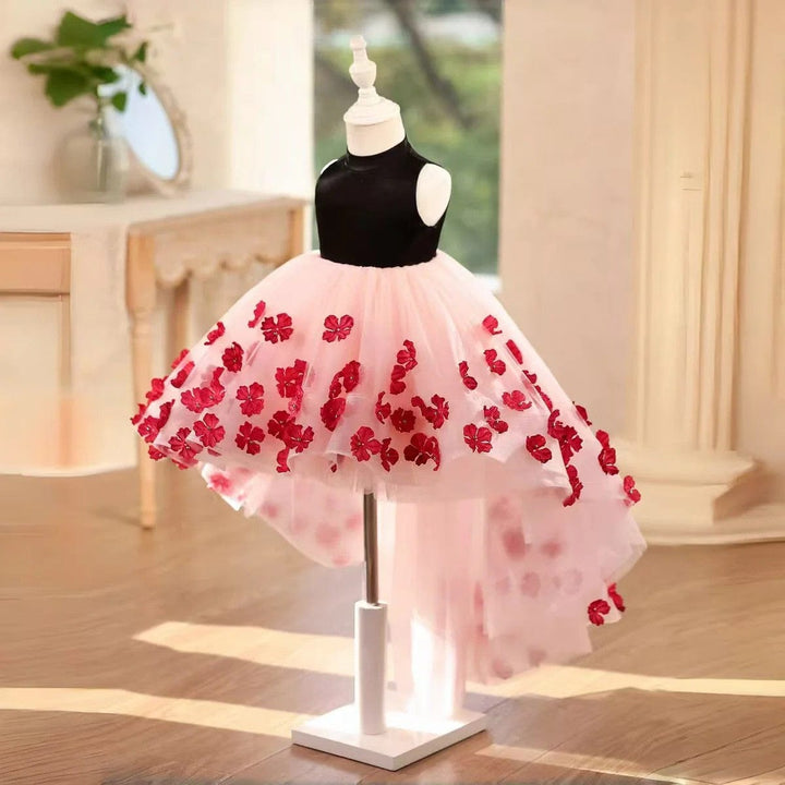 Sunnypetal Elegant Black & Blush Tulle Flower Girl Dress with 3D Floral Appliqués and Bow