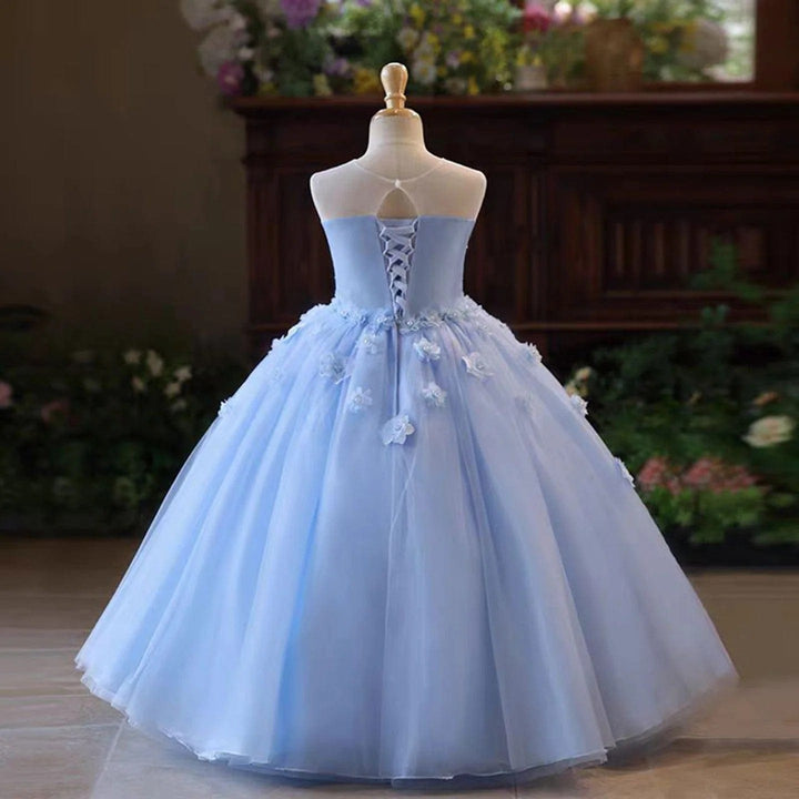 Sunnypetal Elegant Blue Sleeveless Floral Applique Beading Flower Girl Dress