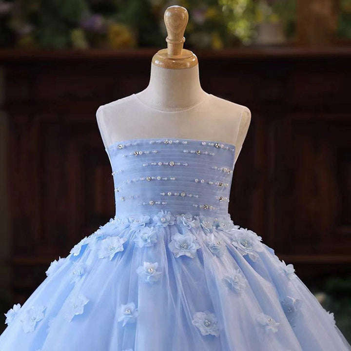 Sunnypetal Elegant Blue Sleeveless Floral Applique Beading Flower Girl Dress