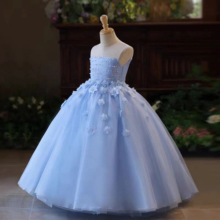 Sunnypetal Elegant Blue Sleeveless Floral Applique Beading Flower Girl Dress