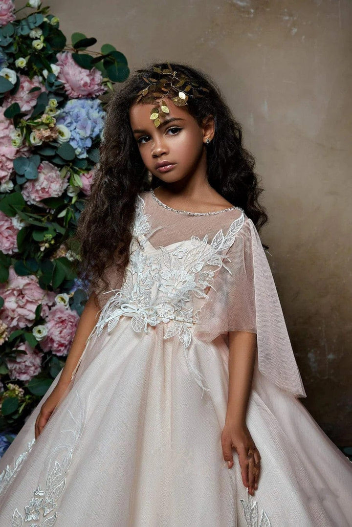 Sunnypetal Elegant Cape Sleeves Lace Appliqué Tulle Flower Girl Dress Communion Gown