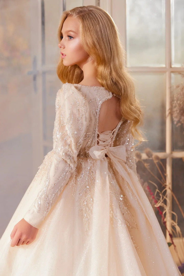 Sunnypetal Elegant Champagne Sparkle Long-Sleeve Ball Gown for Flower Girls