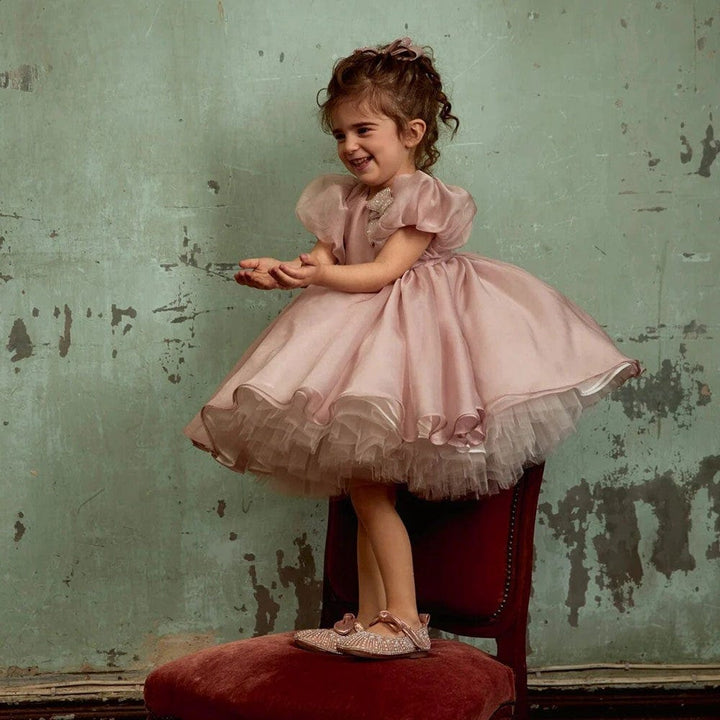 Sunnypetal Elegant Dusty Rose Flower Girl Dress Birthday Princess Dress with Bow