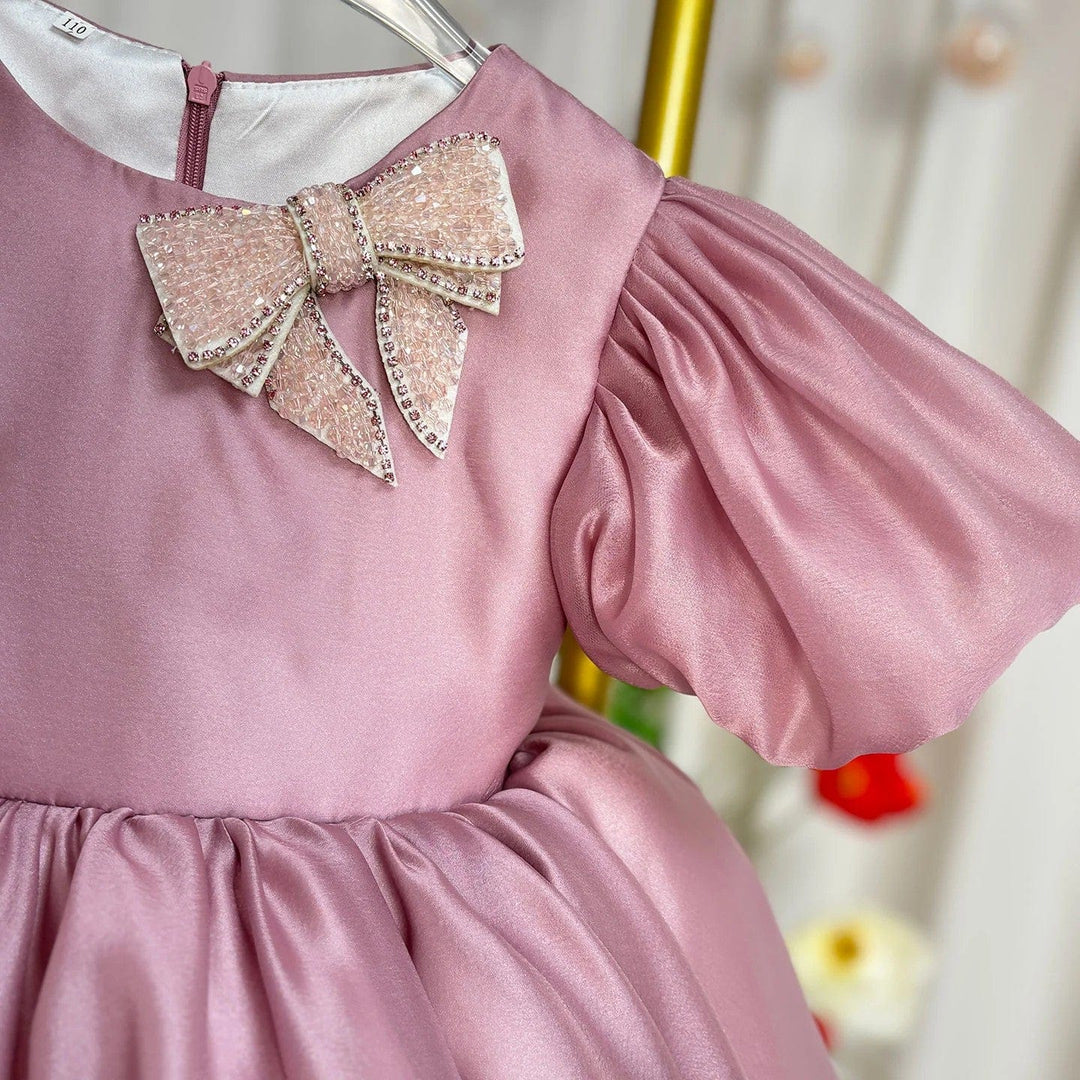 Sunnypetal Elegant Dusty Rose Flower Girl Dress Birthday Princess Dress with Bow