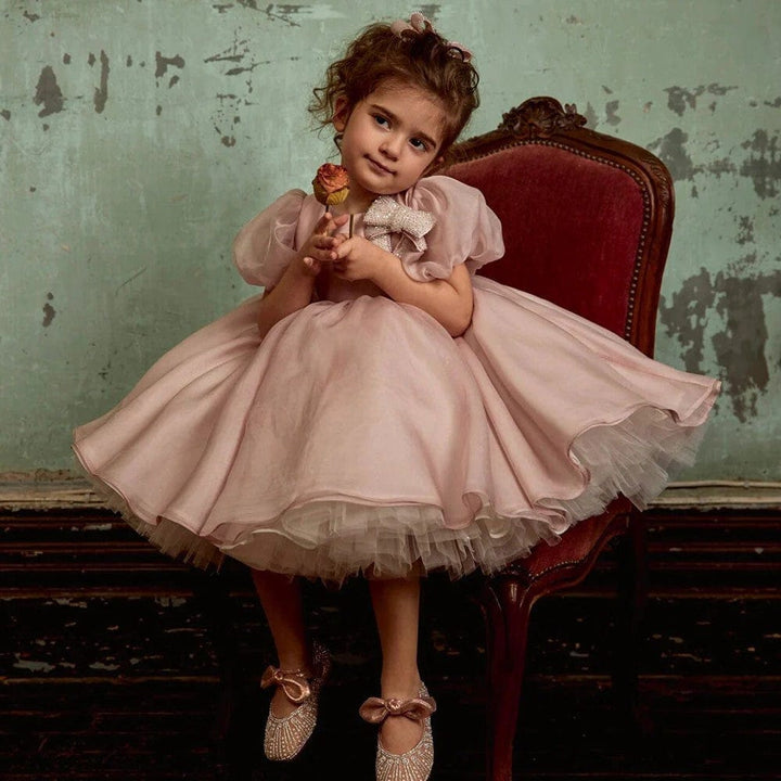 Sunnypetal Elegant Dusty Rose Flower Girl Dress Birthday Princess Dress with Bow