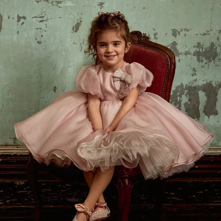 Sunnypetal Elegant Dusty Rose Flower Girl Dress Birthday Princess Dress with Bow