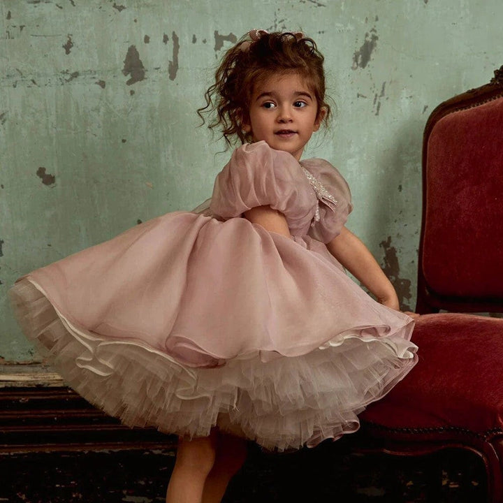 Sunnypetal Elegant Dusty Rose Flower Girl Dress Birthday Princess Dress with Bow