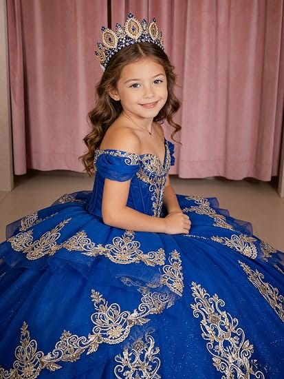 Sunnypetal Elegant Gold Appliqué Off-Shoulder Flower Girl Dress with Tassel Details