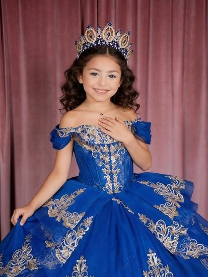 Sunnypetal Elegant Gold Appliqué Off-Shoulder Flower Girl Dress with Tassel Details