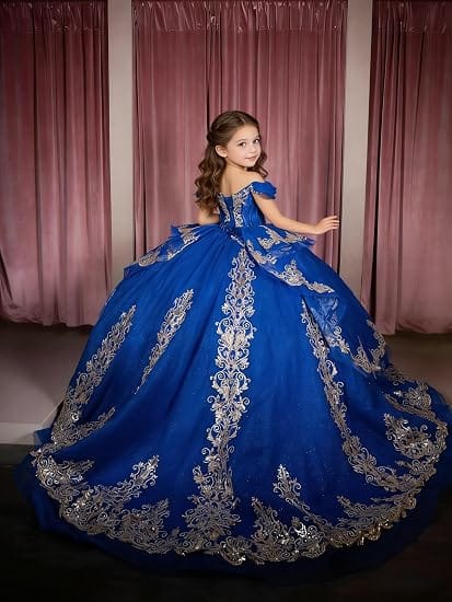 Sunnypetal Elegant Gold Appliqué Off-Shoulder Flower Girl Dress with Tassel Details
