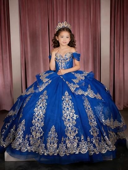 Sunnypetal Elegant Gold Appliqué Off-Shoulder Flower Girl Dress with Tassel Details