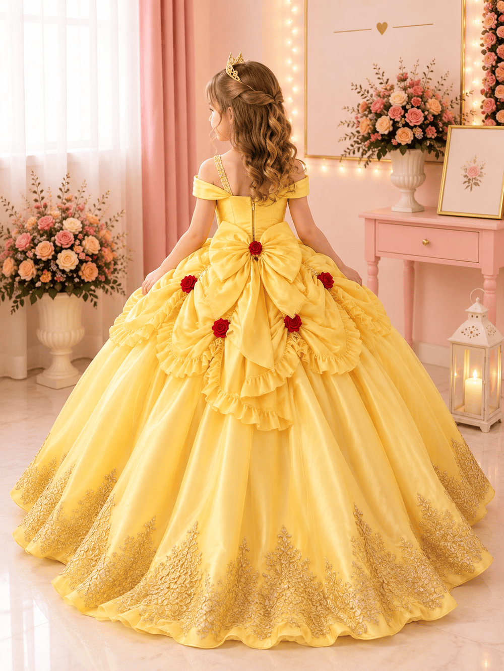 Sunnypetal Elegant Golden Satin Princess Flower Girl Dress with Bow