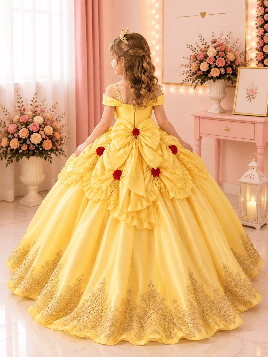 Sunnypetal Elegant Golden Satin Princess Flower Girl Dress with Bow