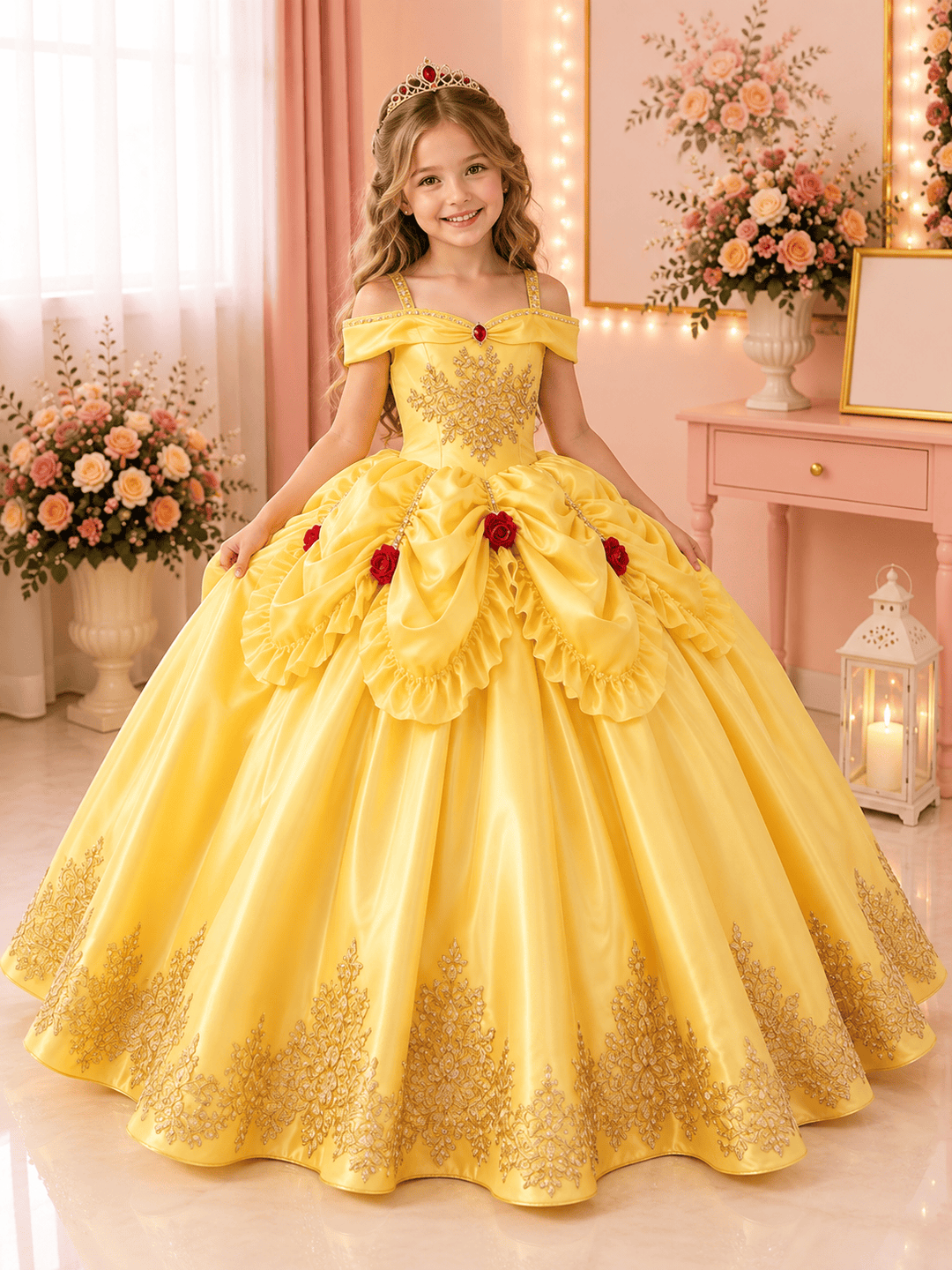 Sunnypetal Elegant Golden Satin Princess Flower Girl Dress with Bow
