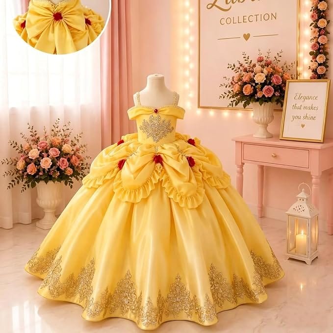 Sunnypetal Elegant Golden Satin Princess Flower Girl Dress with Bow