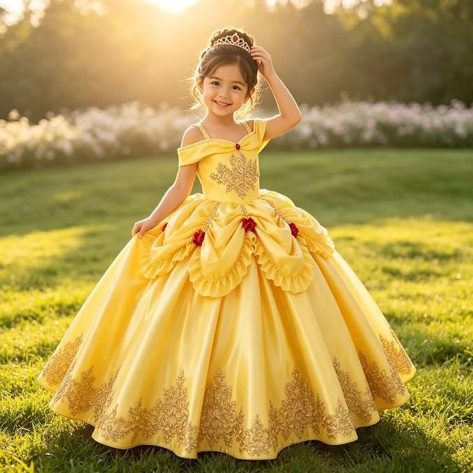 Sunnypetal Elegant Golden Satin Princess Flower Girl Dress with Bow