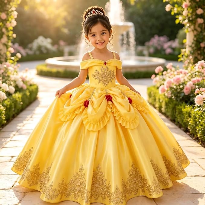 Sunnypetal Elegant Golden Satin Princess Flower Girl Dress with Bow