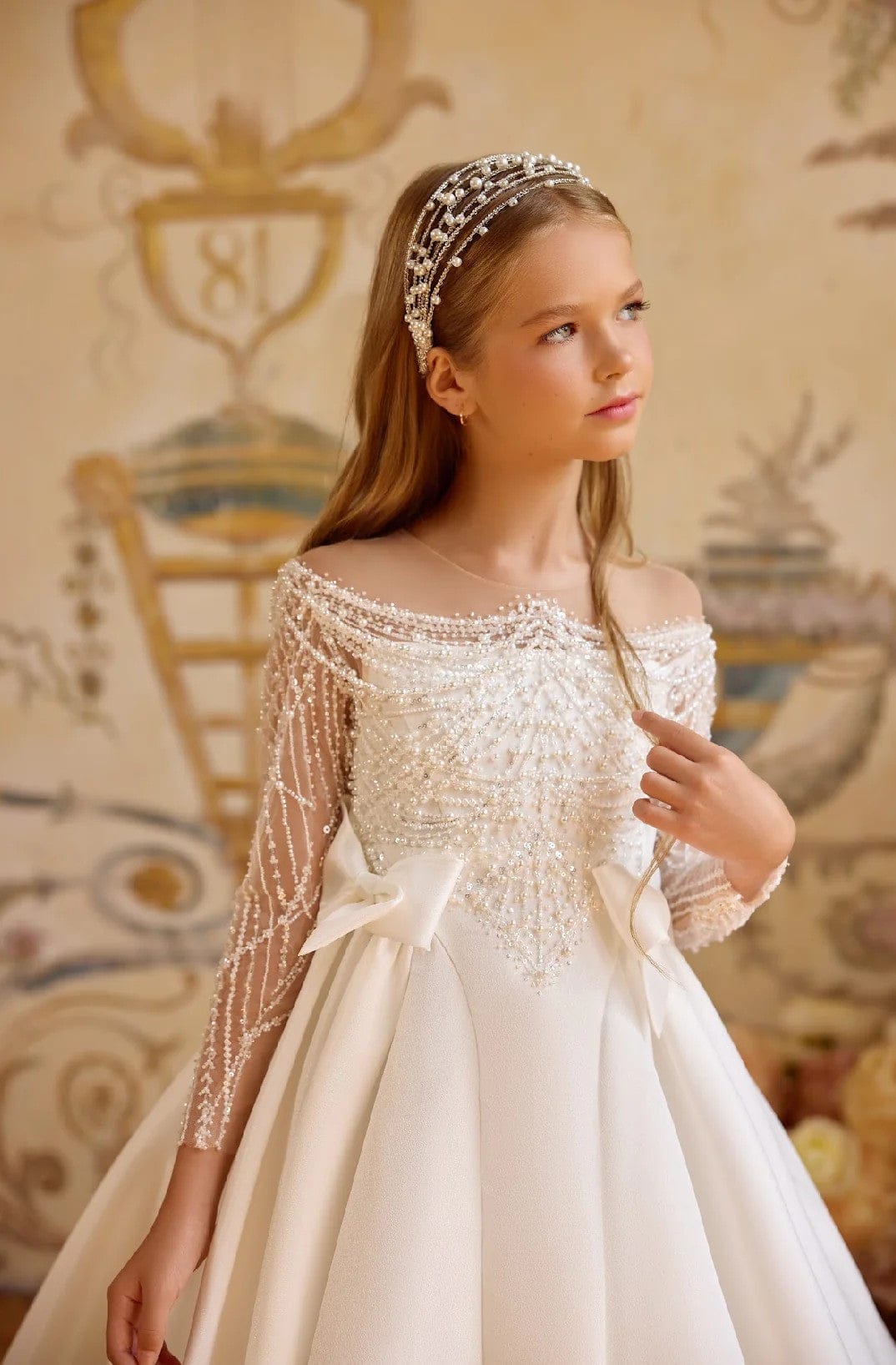 Sunnypetal Elegant Ivory Long Princess Satin Communion Dress with Pearls and Bows