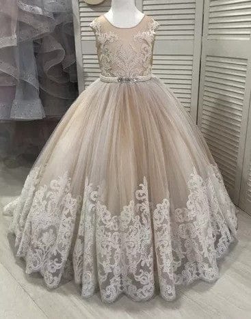 Sunnypetal Elegant Lace Ball Gown Flower Girl Dress Communion Dress with Beaded Waist