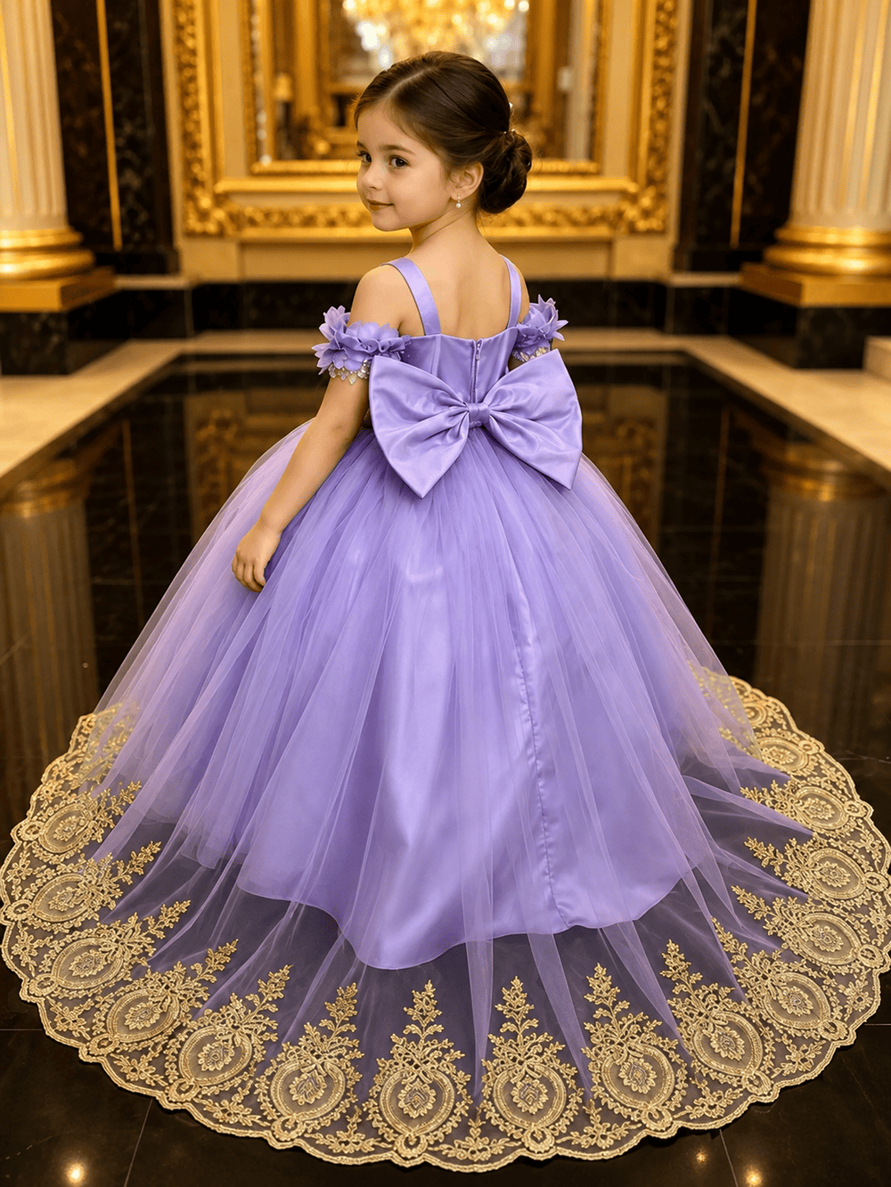 Sunnypetal Elegant Lavender Tulle Flower Girl Dress with Floral Appliques & Gold Lace Trim