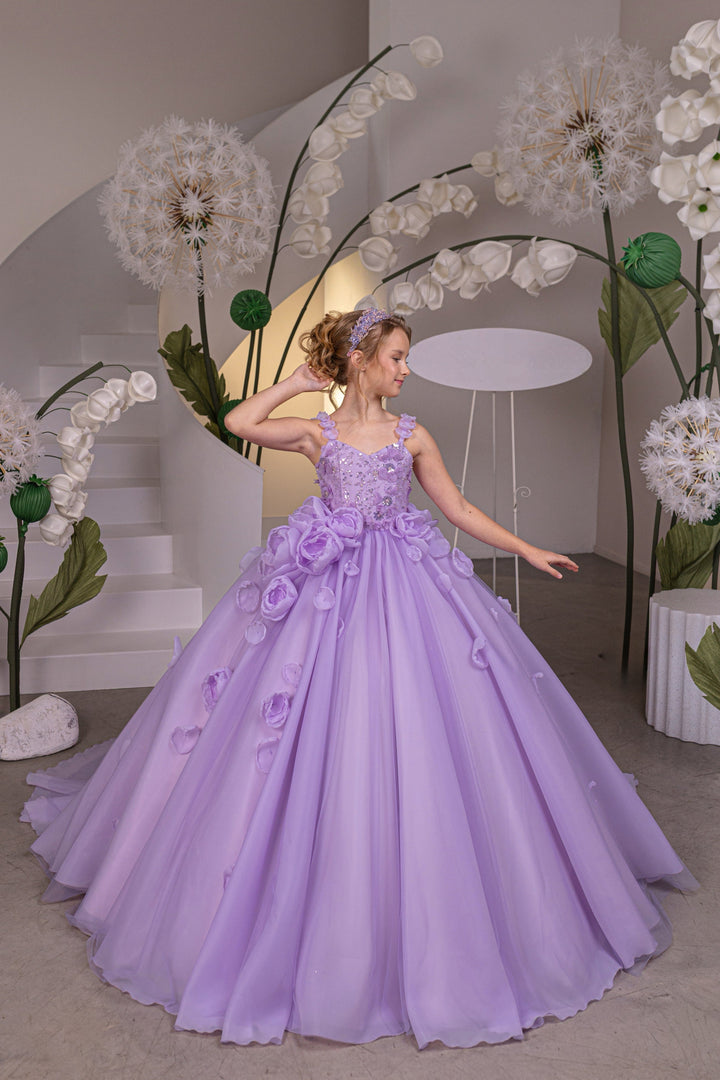 Sunnypetal Elegant Lilac Sleeveless 3D Floral Princess Flower Girl Dresses