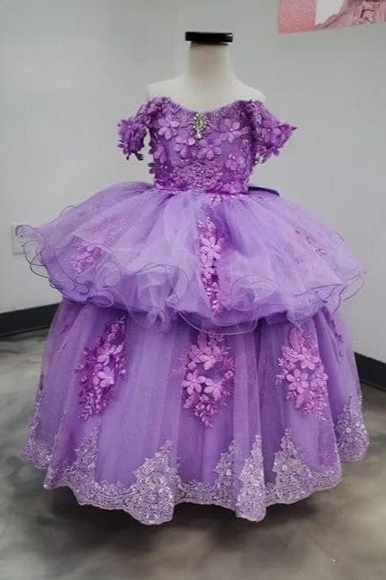 Sunnypetal Elegant Off-Shoulder Tulle Ball Gown Flower Girl Dress with 3D Floral Appliqués