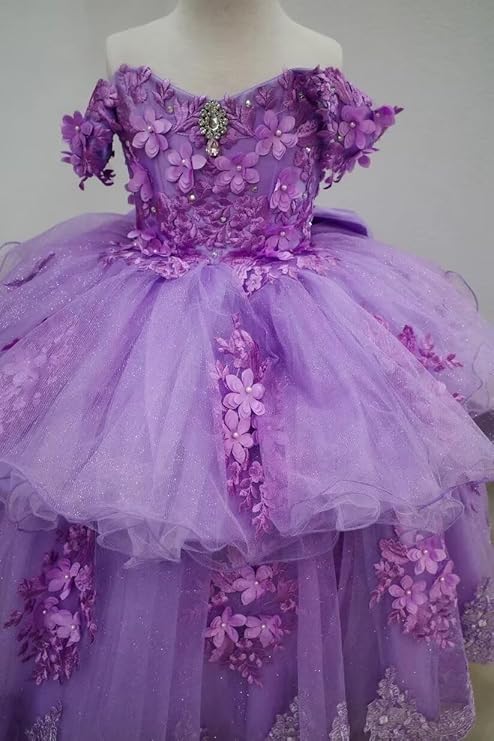 Sunnypetal Elegant Off-Shoulder Tulle Ball Gown Flower Girl Dress with 3D Floral Appliqués