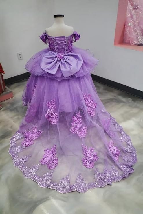 Sunnypetal Elegant Off-Shoulder Tulle Ball Gown Flower Girl Dress with 3D Floral Appliqués