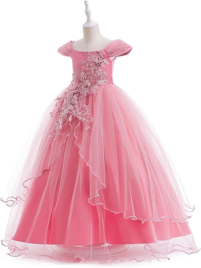 Sunnypetal Elegant Off-the-Shoulder Floral Appliqués Flower Girl Ball Gown