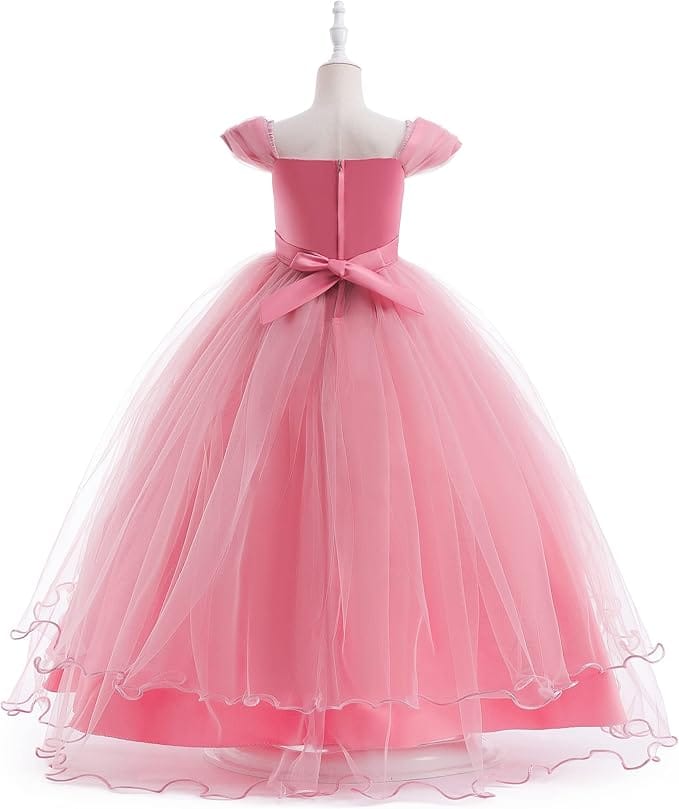 Sunnypetal Elegant Off-the-Shoulder Floral Appliqués Flower Girl Ball Gown