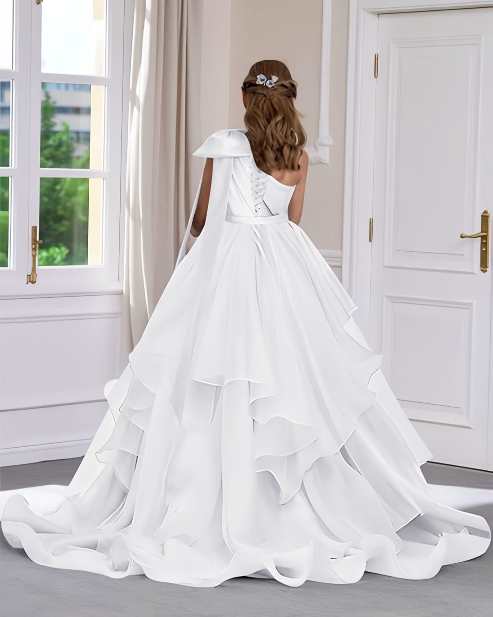 Sunnypetal Elegant One-Shoulder Satin Tulle Flower Girl Pageant Dress for Special Occasions