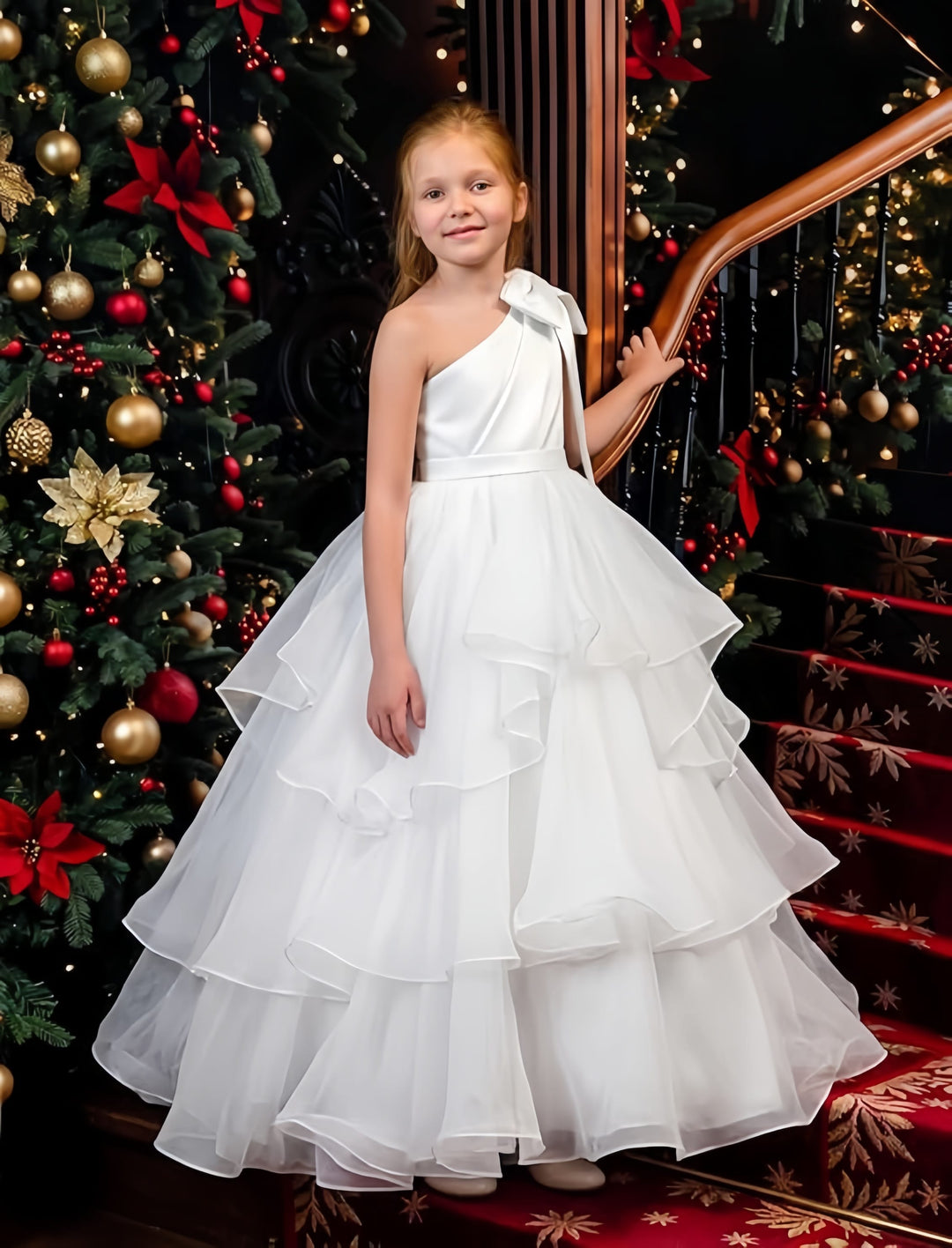 Sunnypetal Elegant One-Shoulder Satin Tulle Flower Girl Pageant Dress for Special Occasions