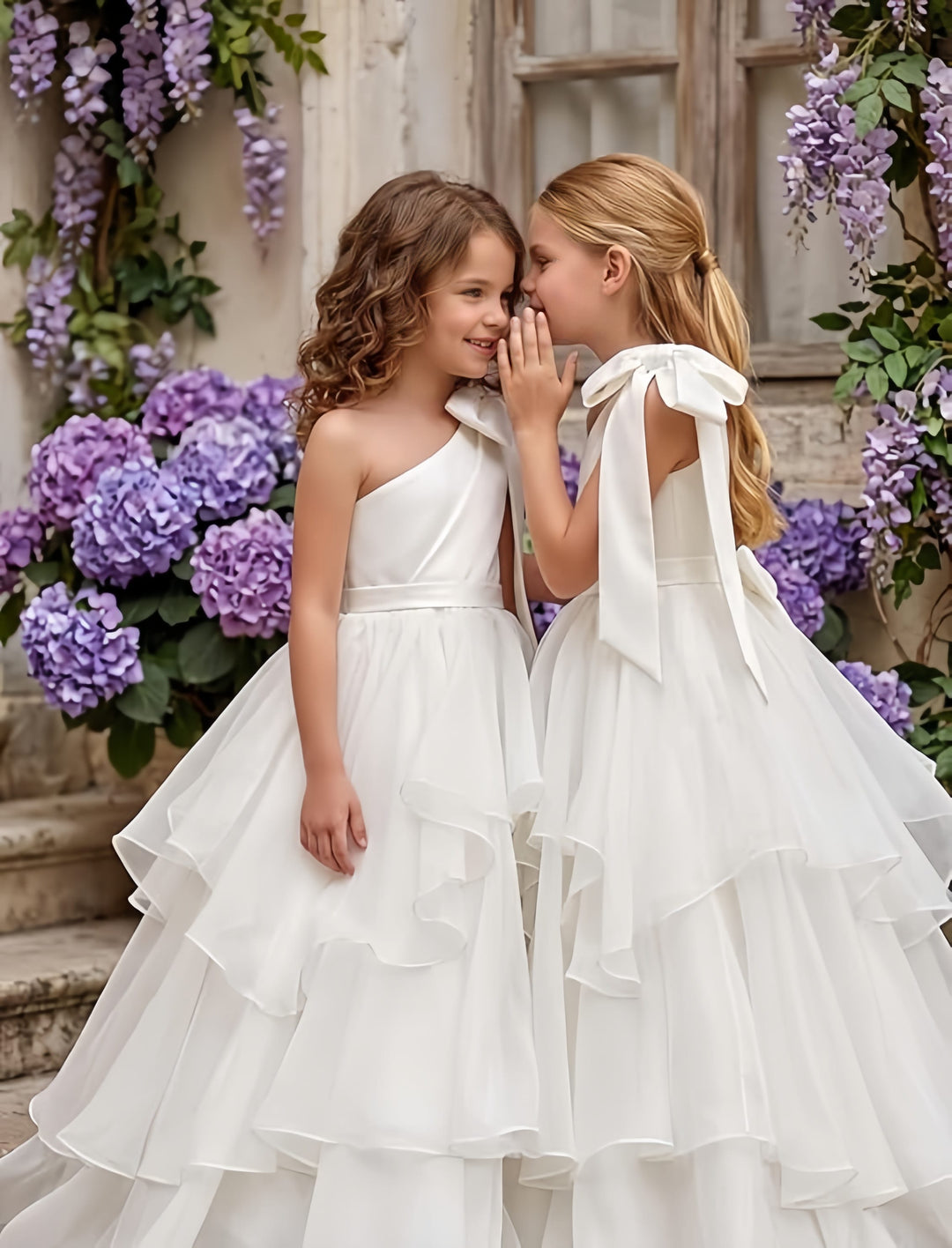 Sunnypetal Elegant One-Shoulder Satin Tulle Flower Girl Pageant Dress for Special Occasions