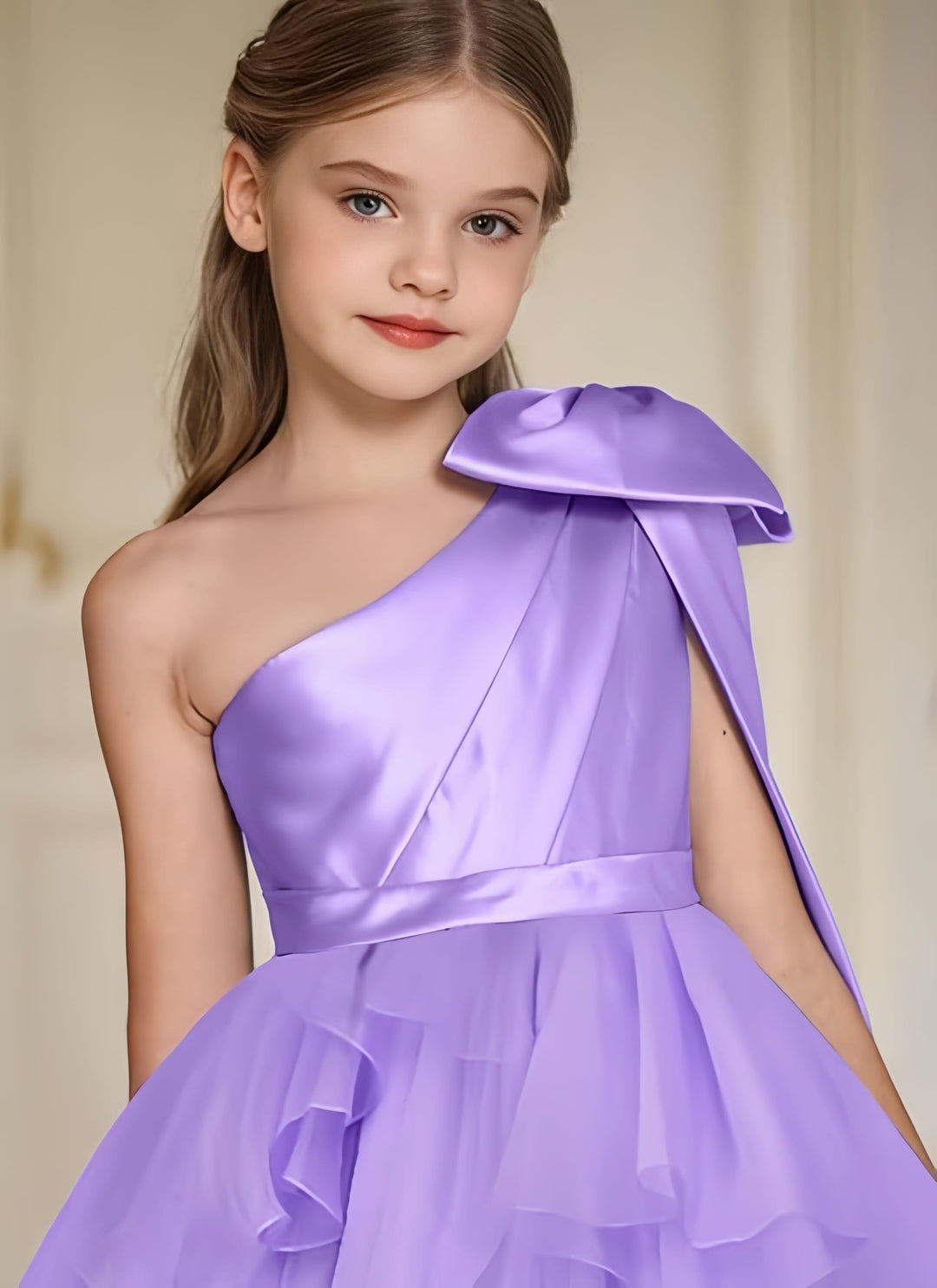 Sunnypetal Elegant One-Shoulder Satin Tulle Flower Girl Pageant Dress for Special Occasions