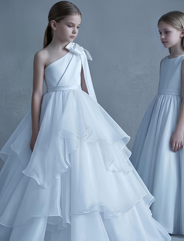 Sunnypetal Elegant One-Shoulder Satin Tulle Flower Girl Pageant Dress for Special Occasions