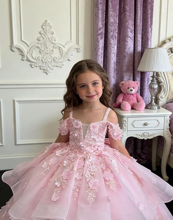 Sunnypetal Elegant Pink Off-the-Shoulder Tulle Flower Girl Dress with 3D Floral Appliqués