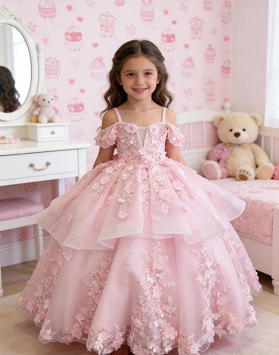 Sunnypetal Elegant Pink Off-the-Shoulder Tulle Flower Girl Dress with 3D Floral Appliqués