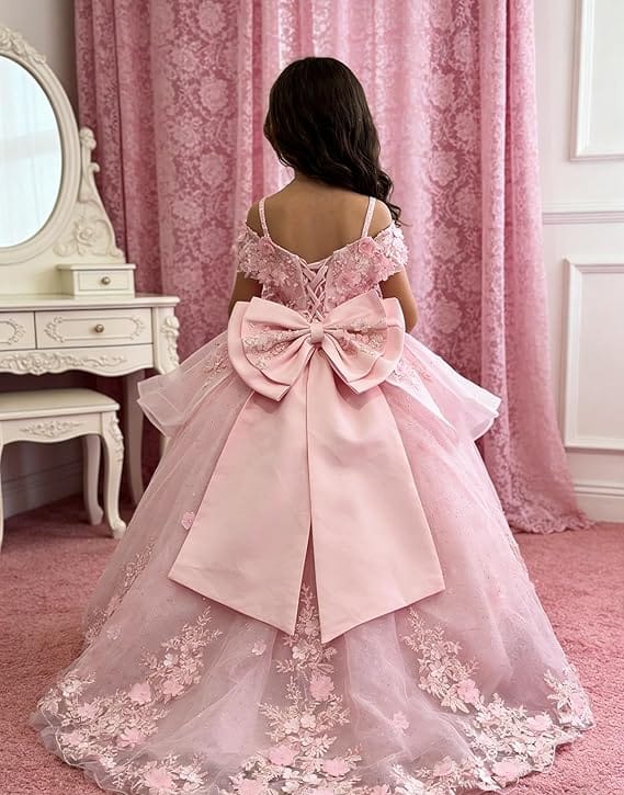 Sunnypetal Elegant Pink Off-the-Shoulder Tulle Flower Girl Dress with 3D Floral Appliqués