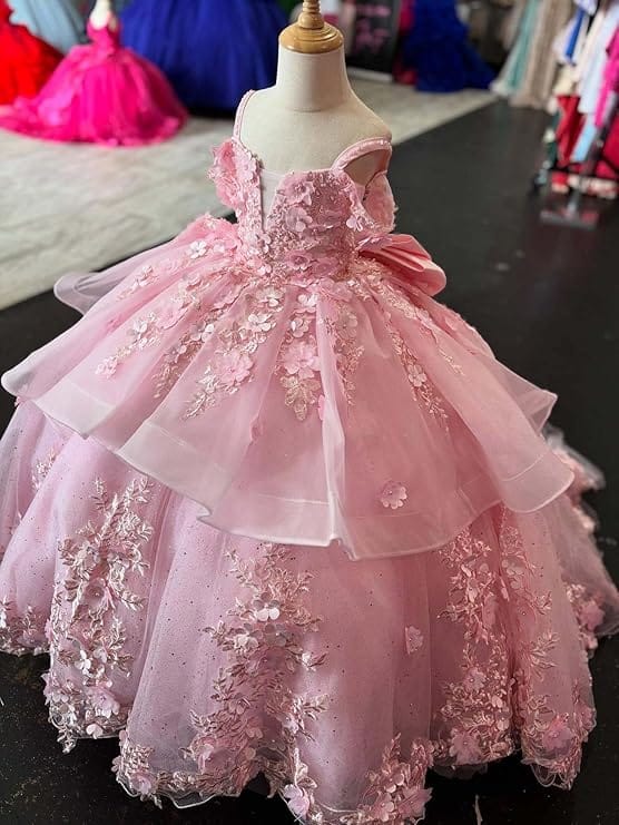Sunnypetal Elegant Pink Off-the-Shoulder Tulle Flower Girl Dress with 3D Floral Appliqués
