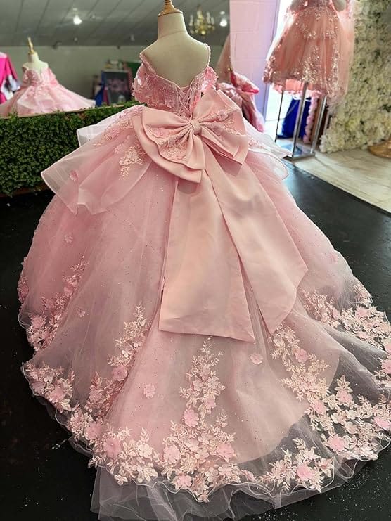 Sunnypetal Elegant Pink Off-the-Shoulder Tulle Flower Girl Dress with 3D Floral Appliqués