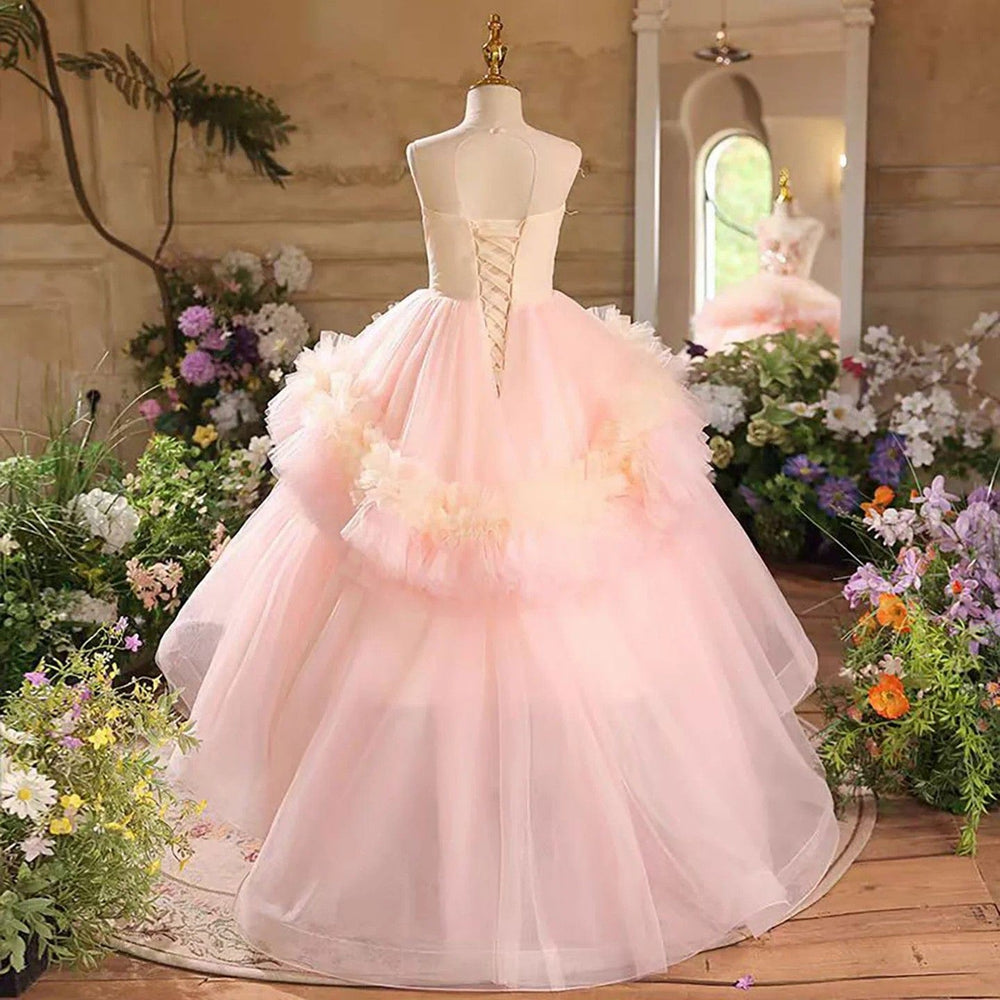Sunnypetal Elegant Pink Tulle Sleeveless Floor-Length Flower Girl Dress